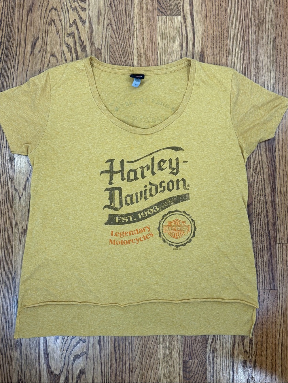 Harley-Davidson Motorcycles Biker Chick Mustard Yellow Graphic Logo Tee (XL)